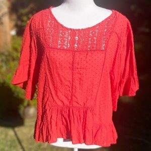 Short Sleeve Crochet Swiss Dot Blouse with Ruffle Hem